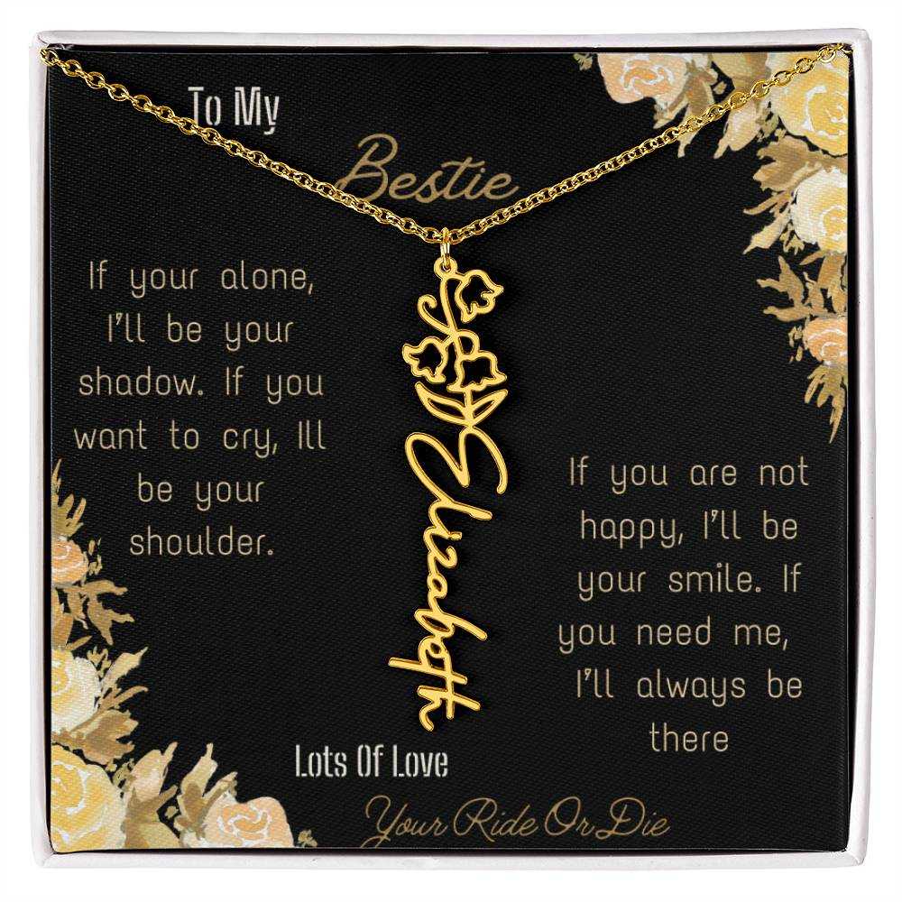 birth flower name necklace with greeting card to bestie in two tone box in yellow gold