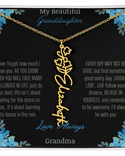 Birth Flower Name Necklace on a to granddaughter from grandma greeting card close up of a