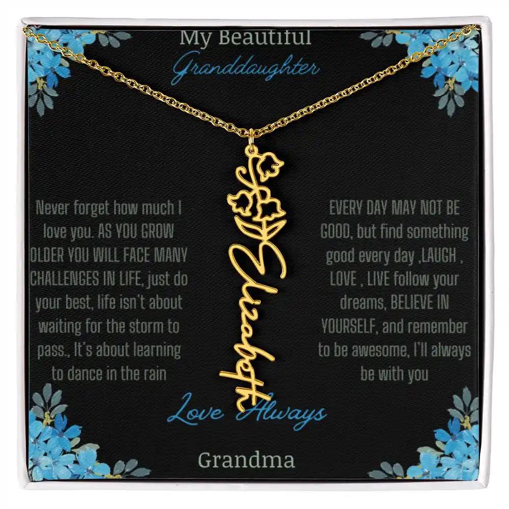 Birth Flower Name Necklace on a to granddaughter from grandma greeting card close up of a