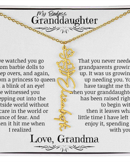 a yellow gold flower name necklace for May.