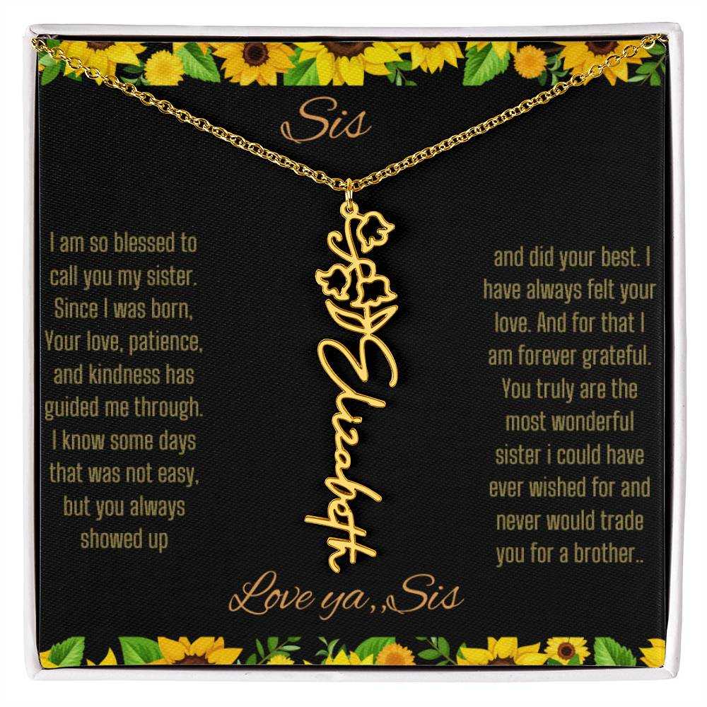 Birth Flower Name Necklace with a yellow gold variant of a flower on a To Sis from Sis message card up close