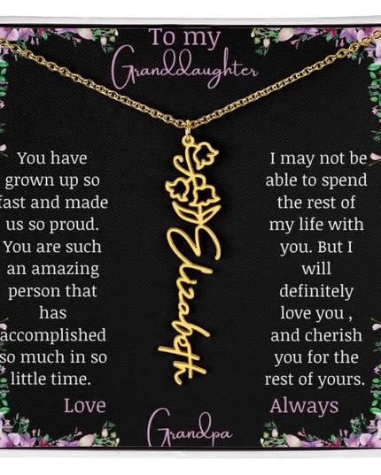 Birth Flower Name Necklace with a to granddaughter from grandpa greeting card and a flower charm.