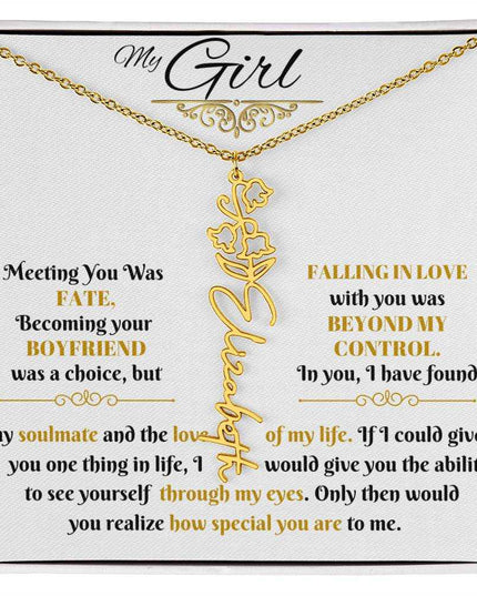 gold flower name necklace in soft box