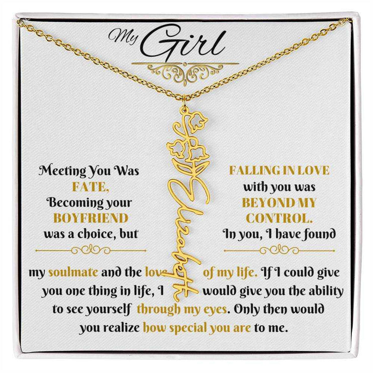 gold flower name necklace in soft box