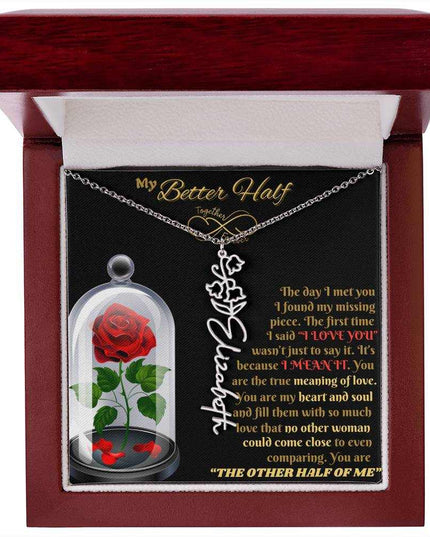 polished stainless steel flower name necklace in luxury box