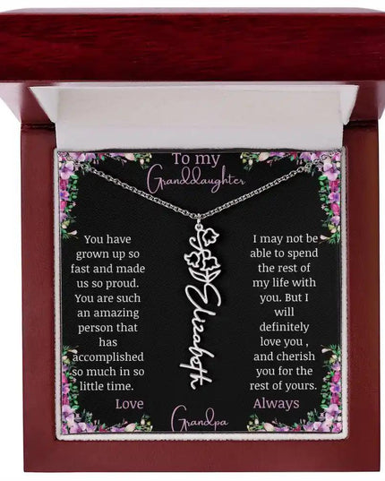 Birth Flower Name Necklace with a to granddaughter from grandpa greeting card and a flower charm.
