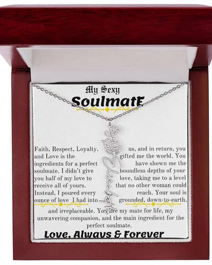 a birth flower name necklace in polished stainless steel for May in a Mahogany box.