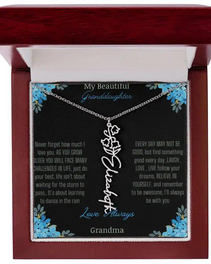 Birth Flower Name Necklace on a to granddaughter from grandma greeting card close up of a