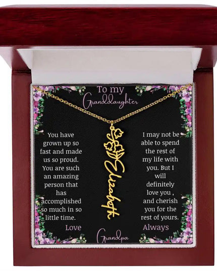 Birth Flower Name Necklace with a to granddaughter from grandpa greeting card and a flower charm.