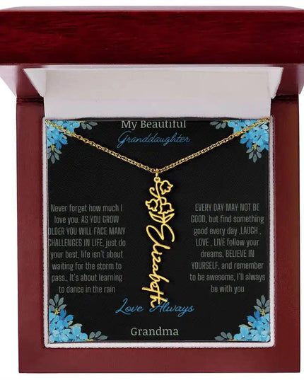Birth Flower Name Necklace on a to granddaughter from grandma greeting card close up of a