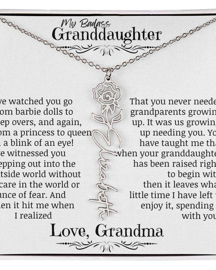 a polished stainless-steel flower name necklace for June.