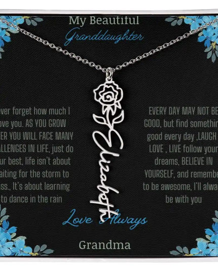 Birth Flower Name Necklace on a to granddaughter from grandma greeting card close up of a