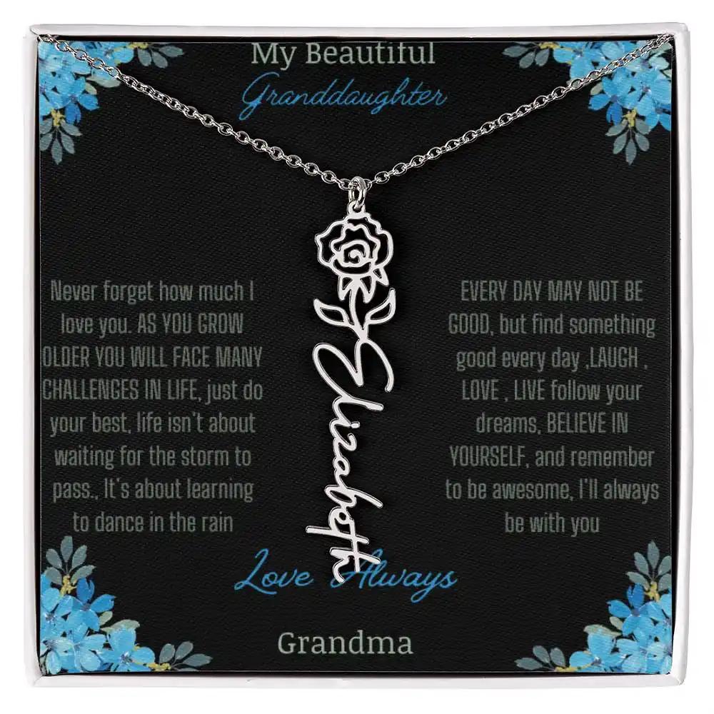 Birth Flower Name Necklace on a to granddaughter from grandma greeting card close up of a