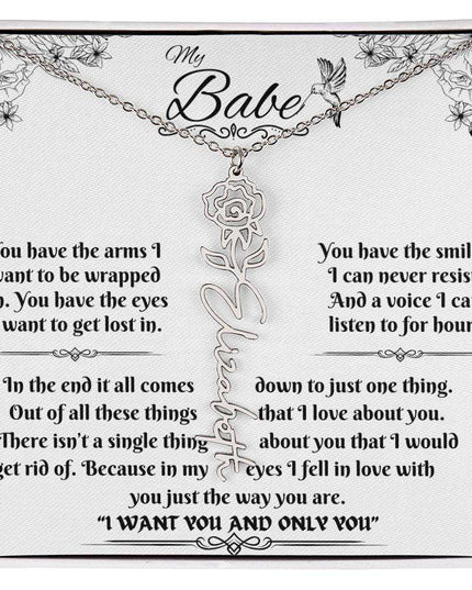 polished stainless-steel flower name necklace in soft box