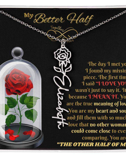 polished stainless steel flower name necklace in soft box 