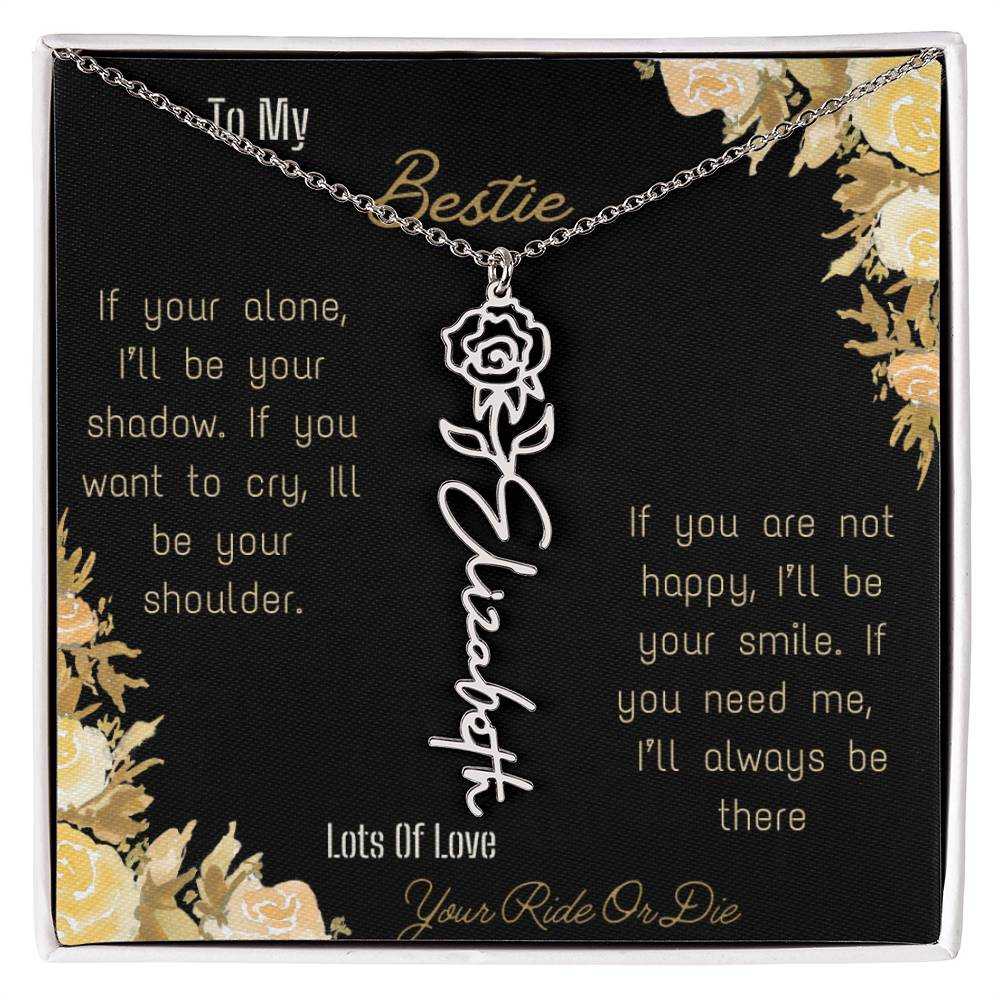 birth flower name necklace with greeting card to bestie in two tone box in polished stainless steel