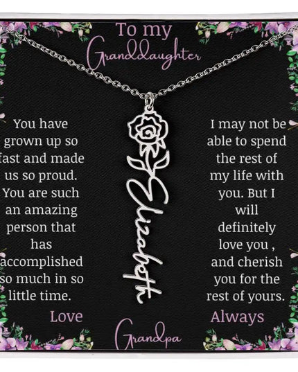 Birth Flower Name Necklace with a to granddaughter from grandpa greeting card and a flower charm.