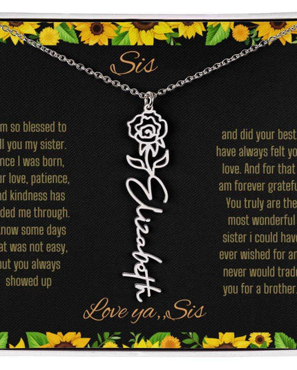 Birth Flower Name Necklace with a polished stainless-steel variant of a flower on a To Sis from Sis message card up close