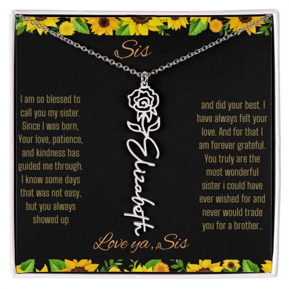 Birth Flower Name Necklace with a polished stainless-steel variant of a flower on a To Sis from Sis message card up close