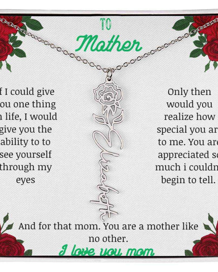 flower name necklace with white gold variant to mother message card in standard box
