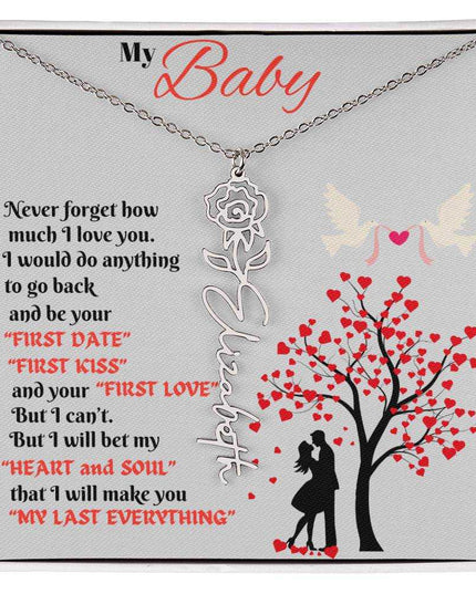 polished stainless-steel flower name necklace in soft box