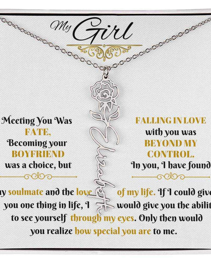 polished stainless-steel flower name necklace in soft box