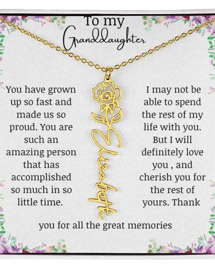 a yellow gold finish June birth flower name necklace.