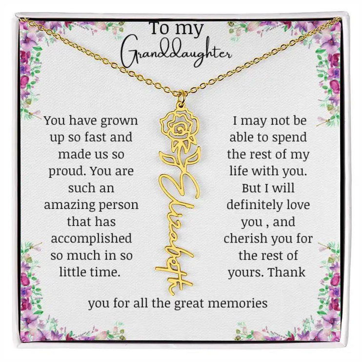 a yellow gold finish June birth flower name necklace.