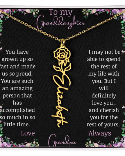 Birth Flower Name Necklace with a to granddaughter from grandpa greeting card and a flower charm.