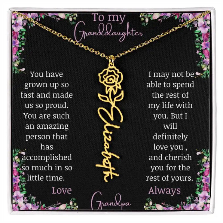 Birth Flower Name Necklace with a to granddaughter from grandpa greeting card and a flower charm.