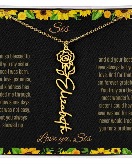 Birth Flower Name Necklace with a yellow gold variant of a flower on a To Sis from Sis message card up close