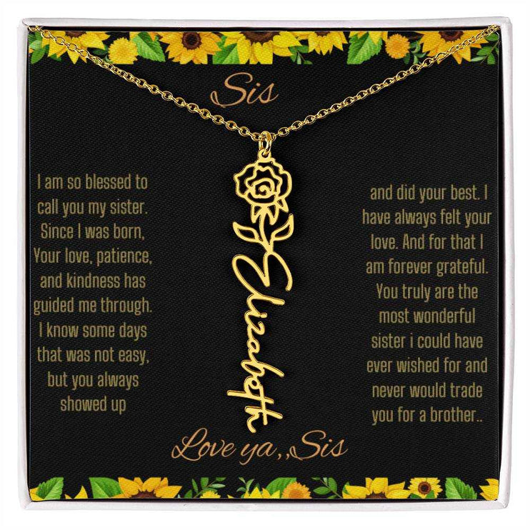 Birth Flower Name Necklace with a yellow gold variant of a flower on a To Sis from Sis message card up close