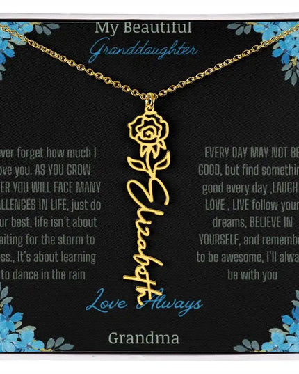 Birth Flower Name Necklace on a to granddaughter from grandma greeting card close up of a