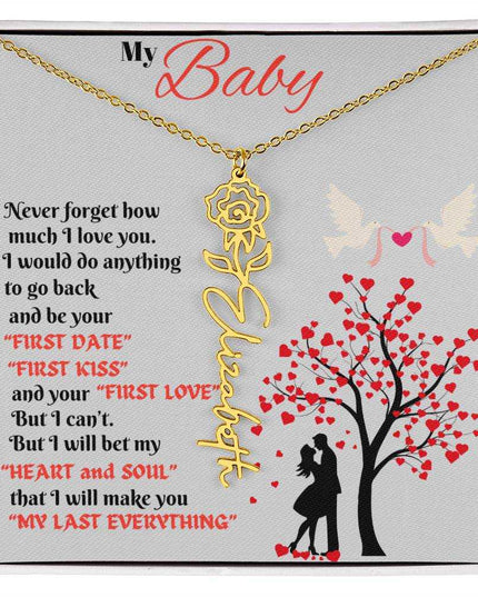 gold flower name necklace in soft box