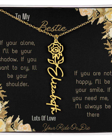 birth flower name necklace with greeting card to bestie in two tone box in yellow gold