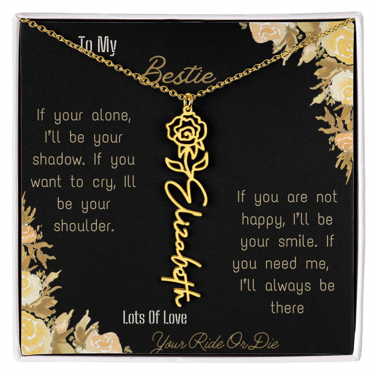 birth flower name necklace with greeting card to bestie in two tone box in yellow gold