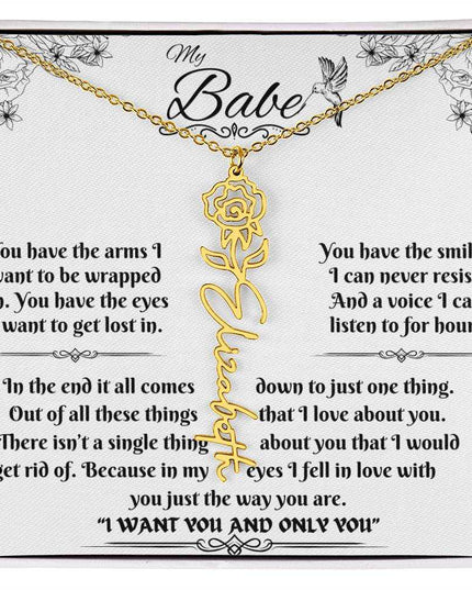 gold flower name necklace in soft box