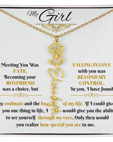 gold flower name necklace in soft box