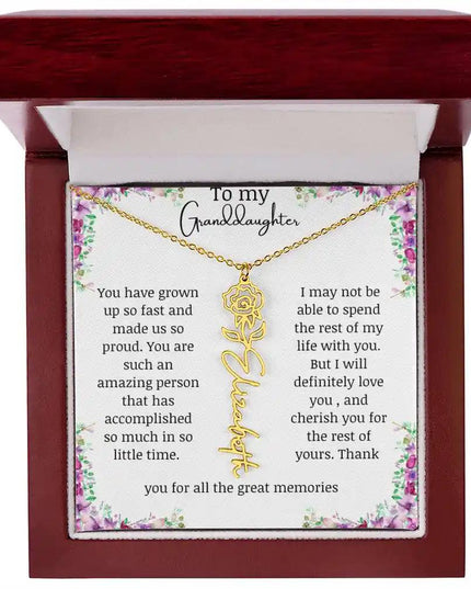 a yellow gold finish June birth flower name necklace in a mahogany box.