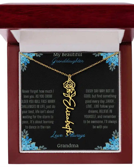 Birth Flower Name Necklace on a to granddaughter from grandma greeting card close up of a