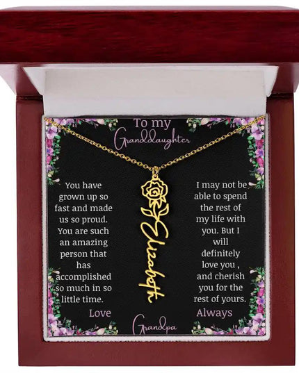Birth Flower Name Necklace with a to granddaughter from grandpa greeting card and a flower charm.