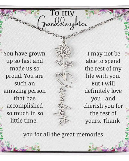 a polished stainless steel July birth flower name necklace.