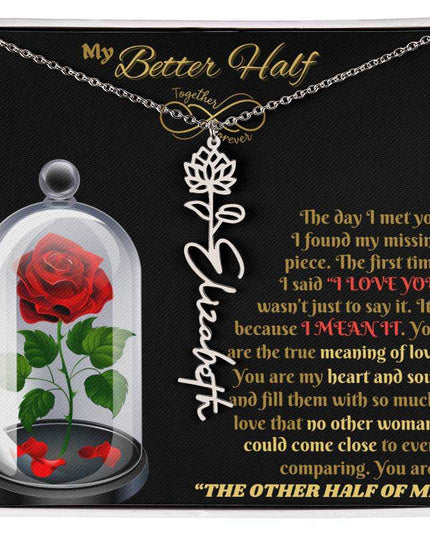 polished stainless steel flower name necklace in soft box 