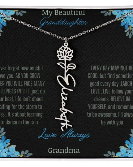 Birth Flower Name Necklace on a to granddaughter from grandma greeting card close up of a