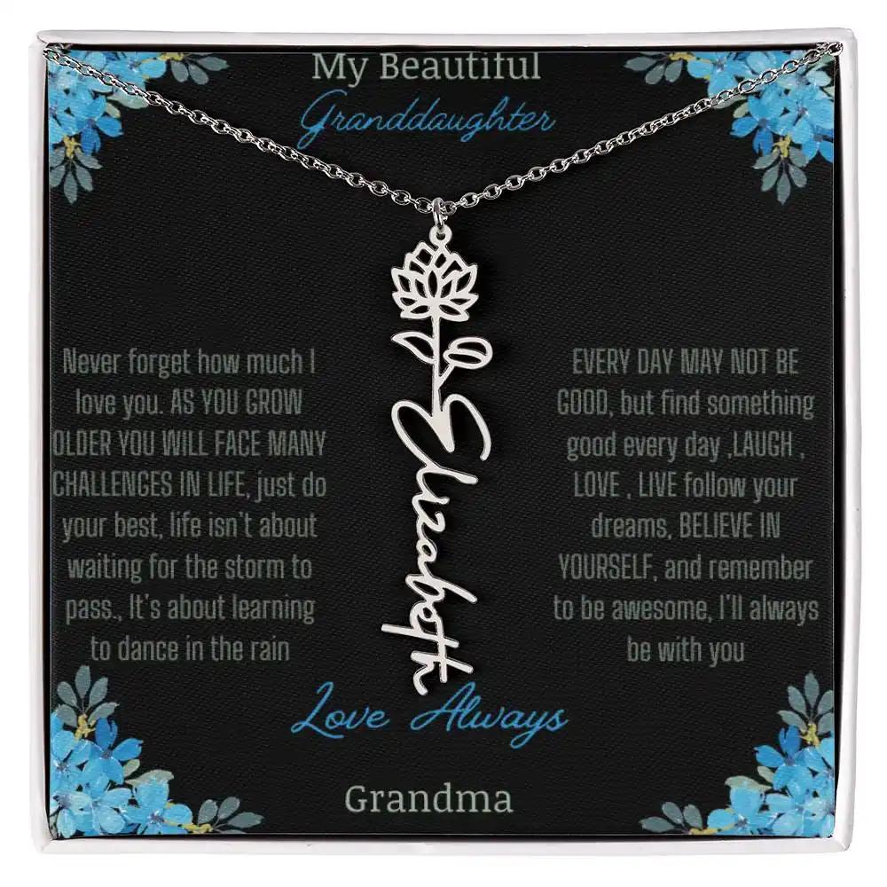 Birth Flower Name Necklace on a to granddaughter from grandma greeting card close up of a