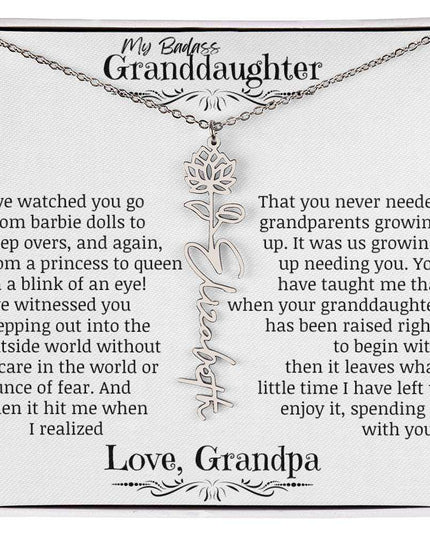 a polished stainless-steel flower name necklace.