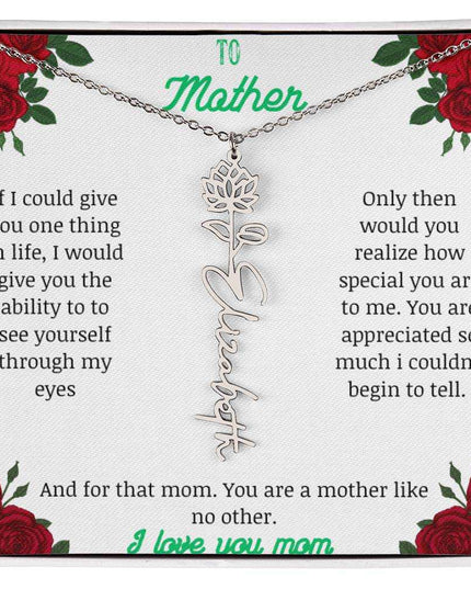 flower name necklace with white gold variant to mother message card in standard box