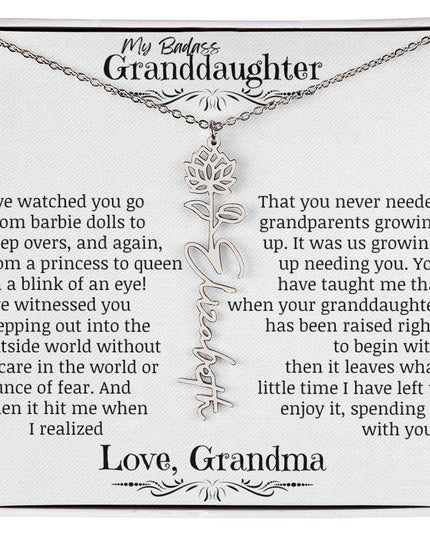 a polished stainless-steel flower name necklace for July.