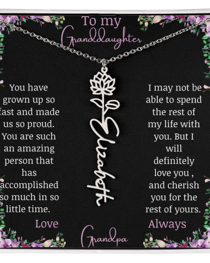 Birth Flower Name Necklace with a to granddaughter from grandpa greeting card and a flower charm.