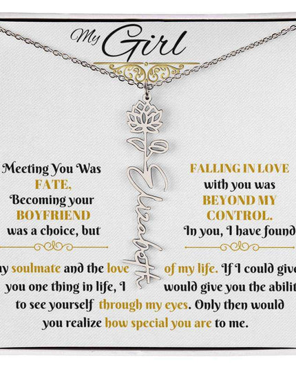 polished stainless-steel flower name necklace in soft box